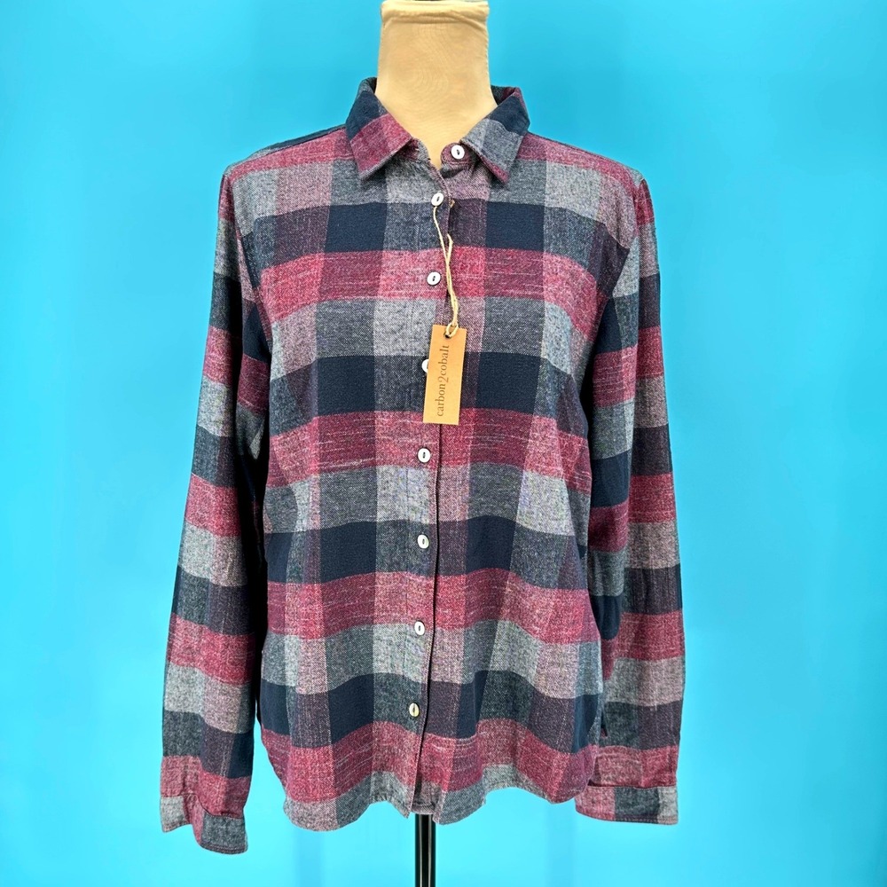 Carbon 2 Cobalt Womens Plaid Button Down Shirt Burgundy Navy Blue Cotton Size M